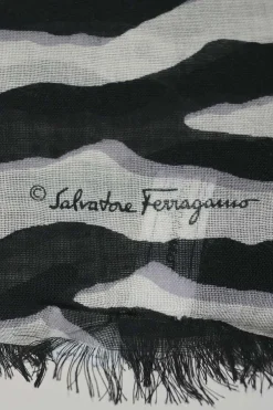 Black and ivory wool-silk blend semi-sheer patchwork animal print fringe scarf