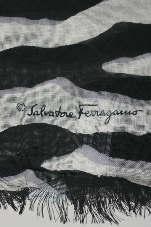 Black and ivory wool-silk blend semi-sheer patchwork animal print fringe scarf