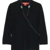 Black and jade embellished cashmere stand collar wrap-effect cropped sleeve knit top
