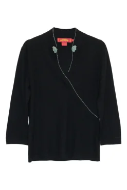 Black and jade embellished cashmere stand collar wrap-effect cropped sleeve knit top
