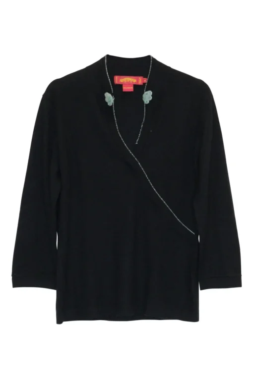Black and jade embellished cashmere stand collar wrap-effect cropped sleeve knit top