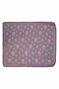 Black and magenta semi-sheer silk skull print square scarf