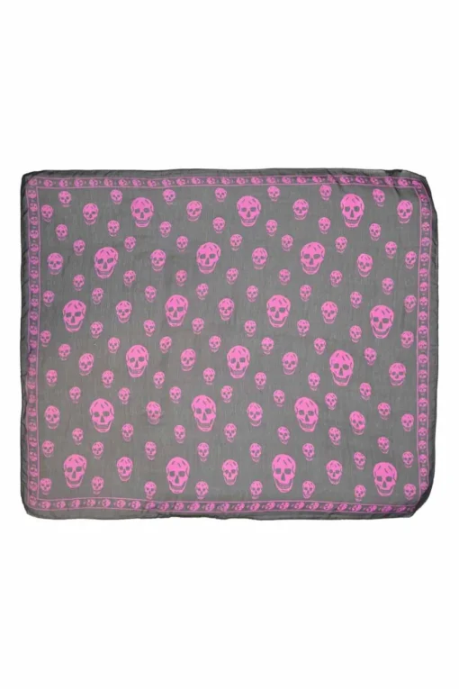 Black and magenta semi-sheer silk skull print square scarf