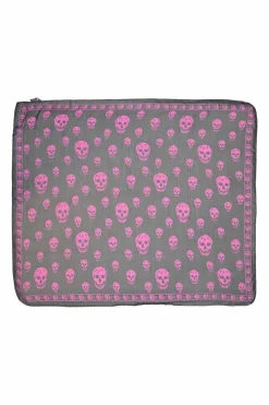 Black and magenta semi-sheer silk skull print square scarf