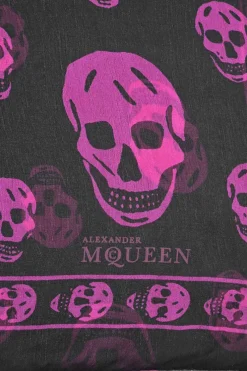 Black and magenta semi-sheer silk skull print square scarf