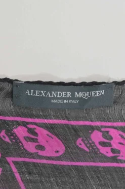 Black and magenta semi-sheer silk skull print square scarf