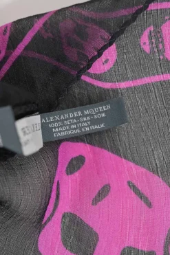 Black and magenta semi-sheer silk skull print square scarf
