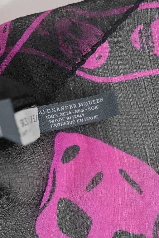 Black and magenta semi-sheer silk skull print square scarf