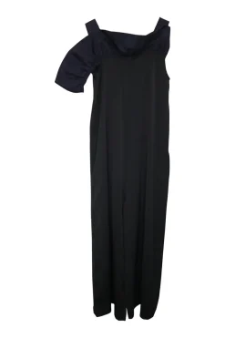 Black and navy paneled viscose-blend ruffle jumpsuit with fixed flat ribbon straps