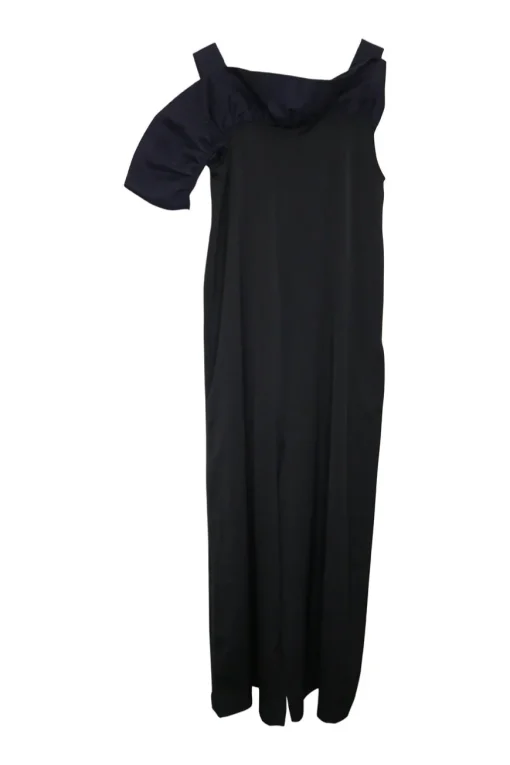Black and navy paneled viscose-blend ruffle jumpsuit with fixed flat ribbon straps