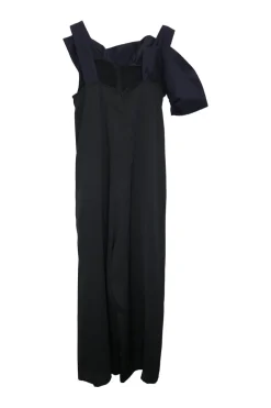 Black and navy paneled viscose-blend ruffle jumpsuit with fixed flat ribbon straps