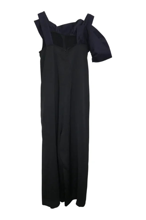 Black and navy paneled viscose-blend ruffle jumpsuit with fixed flat ribbon straps