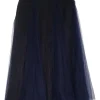 Black and navy semi-sheer viscose-blend lace panel pleated tulle skirt