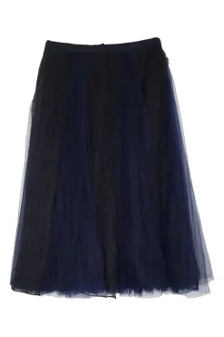 Black and navy semi-sheer viscose-blend lace panel pleated tulle skirt