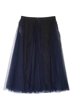 Black and navy semi-sheer viscose-blend lace panel pleated tulle skirt