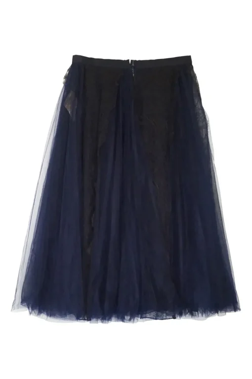 Black and navy semi-sheer viscose-blend lace panel pleated tulle skirt