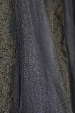 Black and navy semi-sheer viscose-blend lace panel pleated tulle skirt