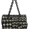 Black and neutral printed canvas and resin chain strap shopper tote featuring house code novelty motif