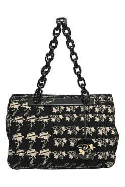 Black and neutral printed canvas and resin chain strap shopper tote featuring house code novelty motif