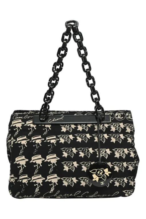 Black and neutral printed canvas and resin chain strap shopper tote featuring house code novelty motif