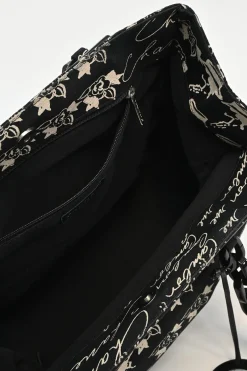 Black and neutral printed canvas and resin chain strap shopper tote featuring house code novelty motif