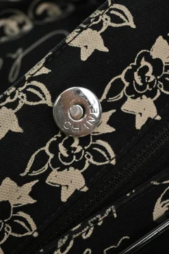 Black and neutral printed canvas and resin chain strap shopper tote featuring house code novelty motif