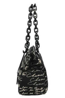 Black and neutral printed canvas and resin chain strap shopper tote featuring house code novelty motif