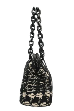 Black and neutral printed canvas and resin chain strap shopper tote featuring house code novelty motif