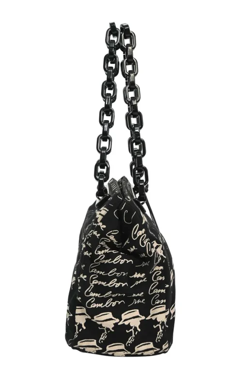 Black and neutral printed canvas and resin chain strap shopper tote featuring house code novelty motif