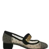 Black and neutral suede and plumetis tulle Baby D Mary Jane pumps featuring logo plaque mid-arch strap