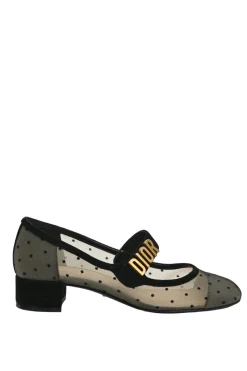 Black and neutral suede and plumetis tulle Baby D Mary Jane pumps featuring logo plaque mid-arch strap