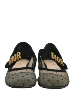 Black and neutral suede and plumetis tulle Baby D Mary Jane pumps featuring logo plaque mid-arch strap