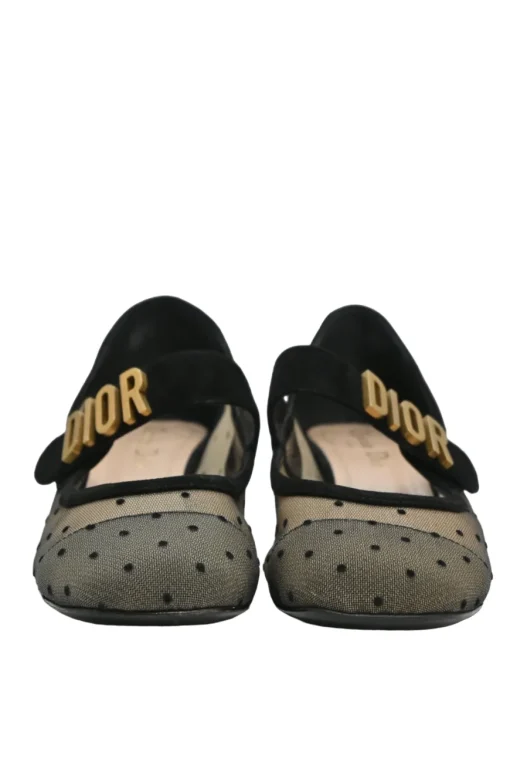 Black and neutral suede and plumetis tulle Baby D Mary Jane pumps featuring logo plaque mid-arch strap
