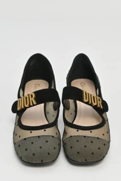 Black and neutral suede and plumetis tulle Baby D Mary Jane pumps featuring logo plaque mid-arch strap