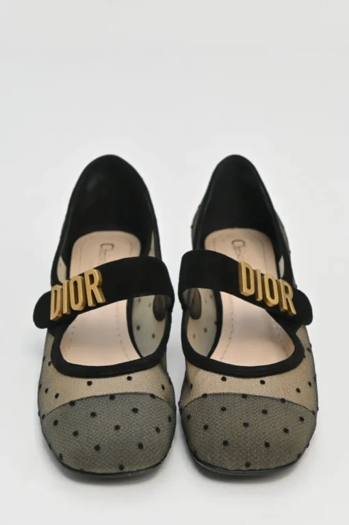 Black and neutral suede and plumetis tulle Baby D Mary Jane pumps featuring logo plaque mid-arch strap