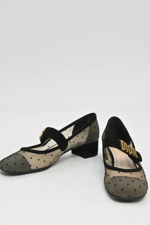 Black and neutral suede and plumetis tulle Baby D Mary Jane pumps featuring logo plaque mid-arch strap