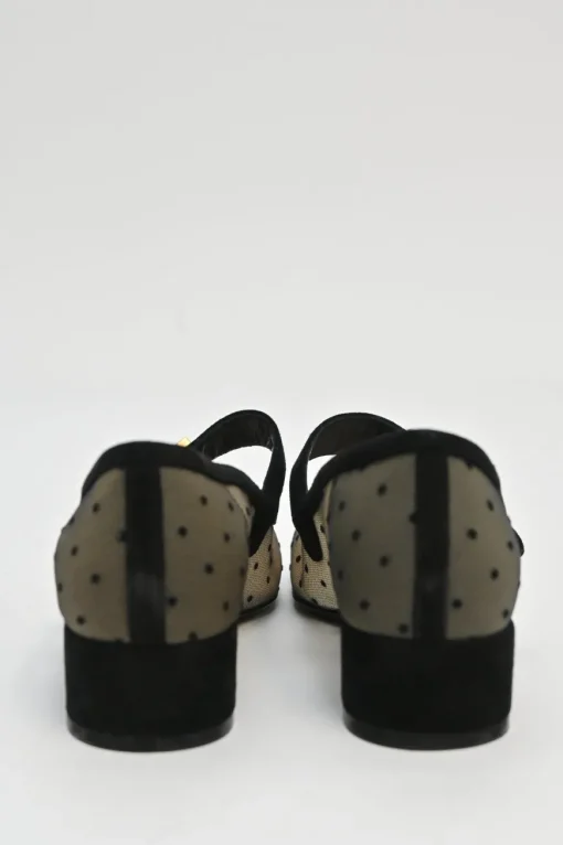 Black and neutral suede and plumetis tulle Baby D Mary Jane pumps featuring logo plaque mid-arch strap