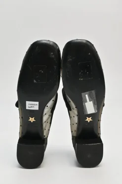 Black and neutral suede and plumetis tulle Baby D Mary Jane pumps featuring logo plaque mid-arch strap