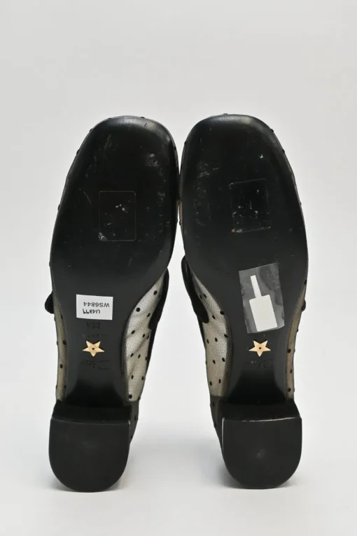 Black and neutral suede and plumetis tulle Baby D Mary Jane pumps featuring logo plaque mid-arch strap