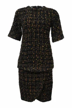 Black and ochre cotton-blend check bouclé tweed two-piece set featuring short sleeve blouse and knee-length tulip skirt