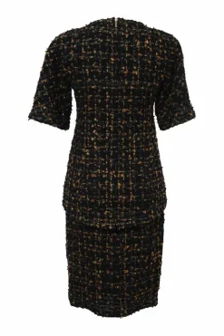 Black and ochre cotton-blend check bouclé tweed two-piece set featuring short sleeve blouse and knee-length tulip skirt