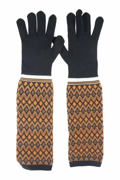 Black and orange patterned nylon technical knitted long gloves
