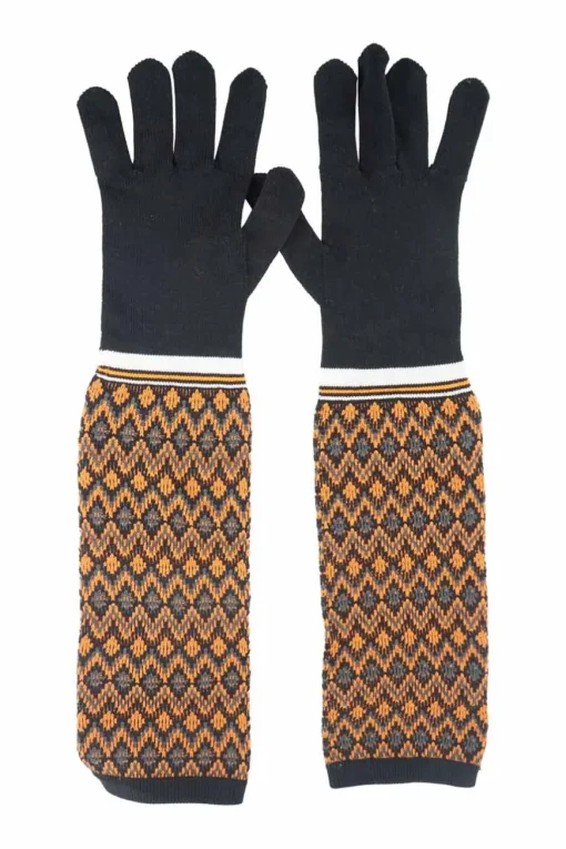 Black and orange patterned nylon technical knitted long gloves