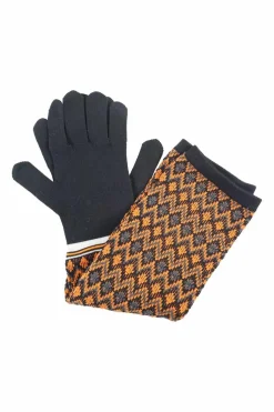 Black and orange patterned nylon technical knitted long gloves