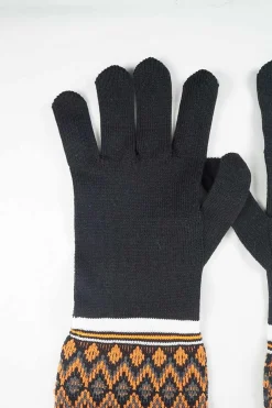 Black and orange patterned nylon technical knitted long gloves