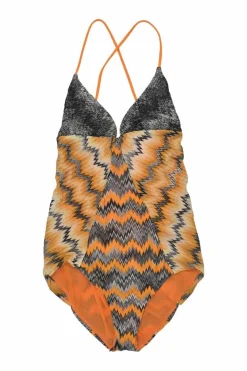 Black and orange rayon-blend paneled chevron knit halter neck one-piece swimsuit