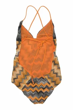 Black and orange rayon-blend paneled chevron knit halter neck one-piece swimsuit