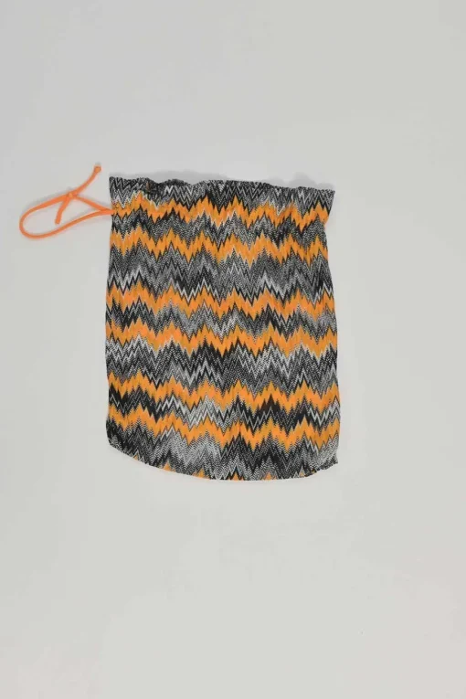 Black and orange rayon-blend paneled chevron knit halter neck one-piece swimsuit