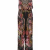 Black and pink embellished viscose silk abstract floral print tie-waist jumpsuit