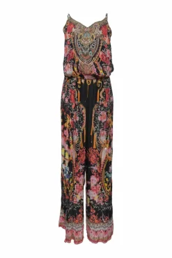 Black and pink embellished viscose silk abstract floral print tie-waist jumpsuit